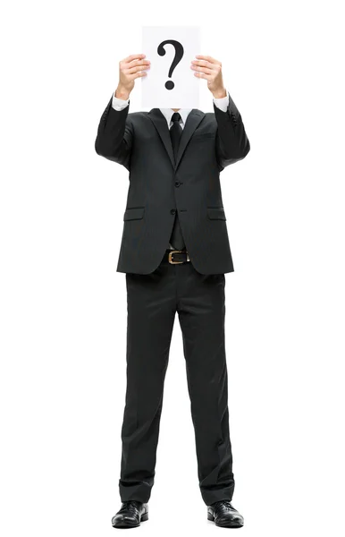 Businessman with question mark in front of face — Stock Photo, Image