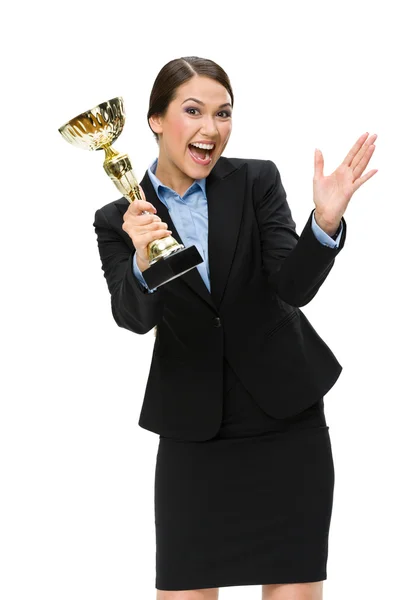 Businesswoman with gold cup — Stock Photo, Image