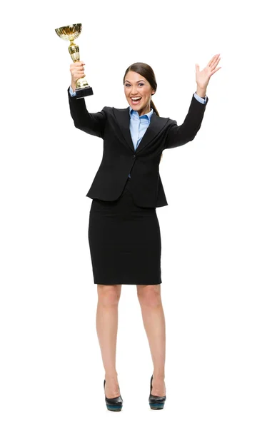 Businesswoman with golden cup — Stock Photo, Image