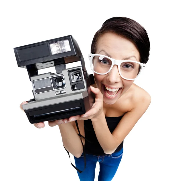 Woman with cassette camera — Stock Photo, Image