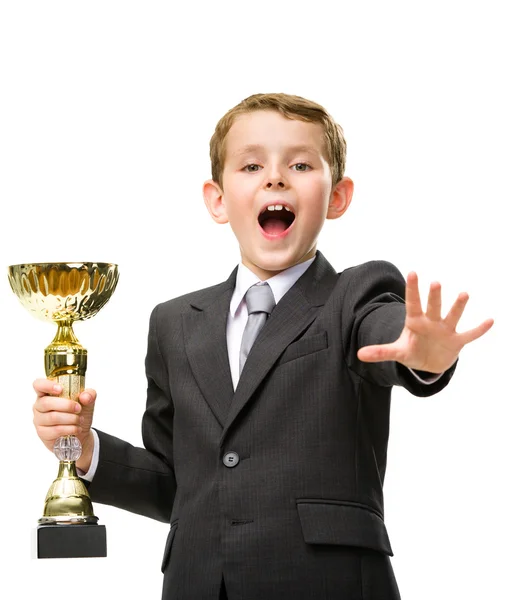 Little businessman hands golden cup — Stock Photo, Image