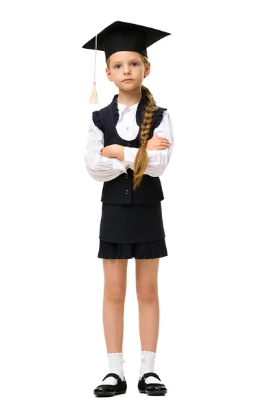 Portrait of little student in academic cap — Stock Photo, Image