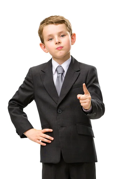 Pequeno homem de negócios apontando gestos de dedo — Fotografia de Stock