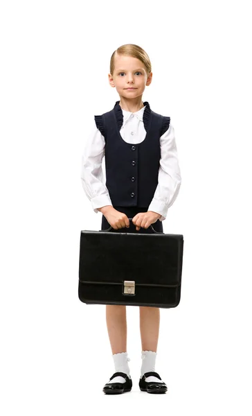 Retrato de una pequeña empresaria con estuche — Foto de Stock