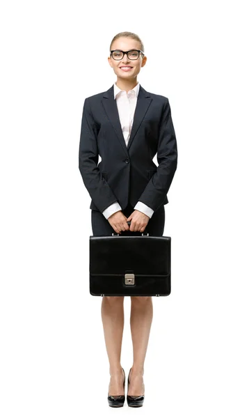 Full-length portrait of business woman with black case — Stock Photo, Image