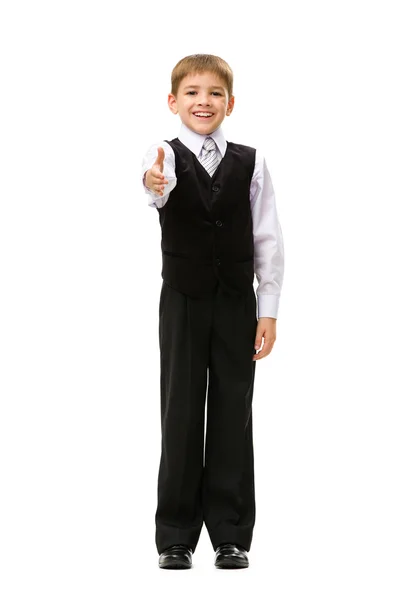 Full-length portrait of thumbing up little businessman — Stock Photo, Image