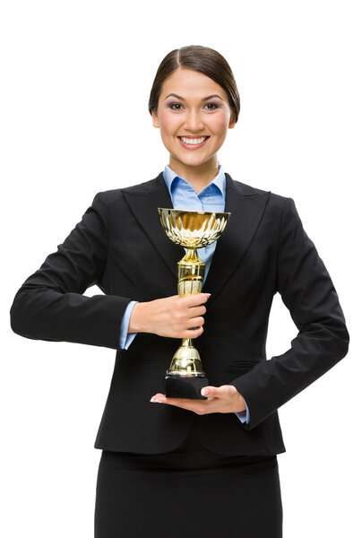 Half-length portrait of business woman with cup