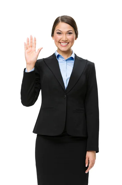Halve lengte portret van zakenvrouw zwaaien hand — Stockfoto