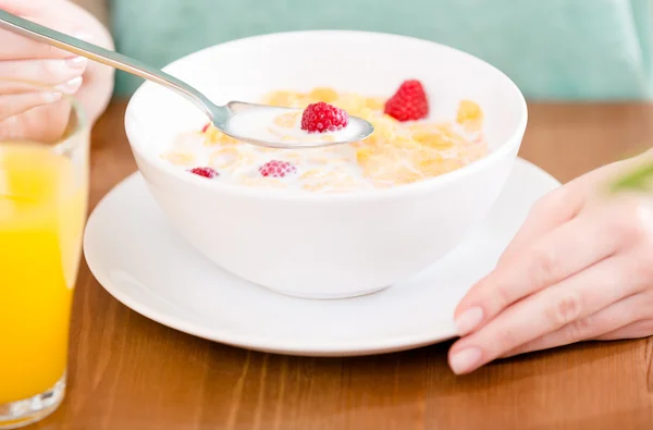 Close up shot of plate with cereals and strawberry — Stock Photo, Image