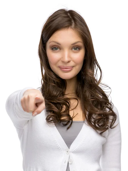 Woman pointing hand gestures — Stock Photo, Image