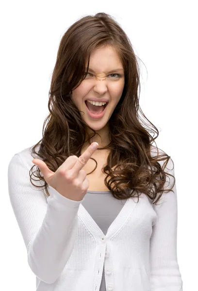 Mulher mostrando gesto obsceno — Fotografia de Stock