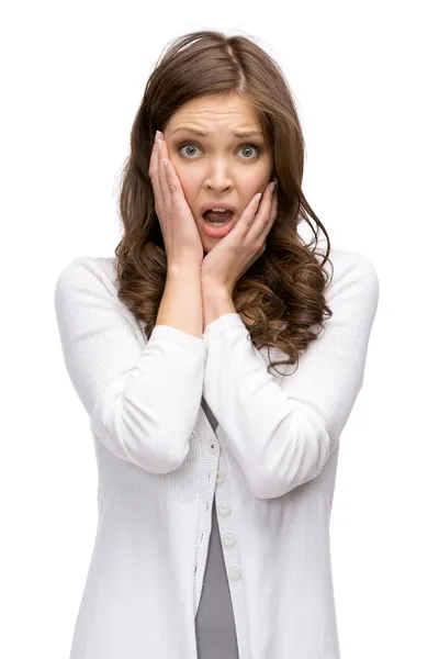 Shocked woman putting hands on head — Stock Photo, Image