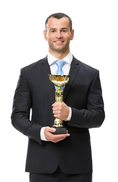 Svrchních portrét výkonný s gold cup — Stock fotografie