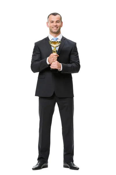 Retrato completo del hombre de negocios con copa dorada — Foto de Stock