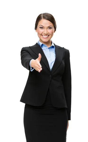 Half-length portrait of business woman handshake gesturing — Stock Photo, Image