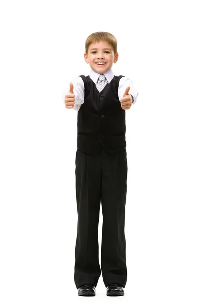 Full length of thumbing up little businessman — Stock Photo, Image