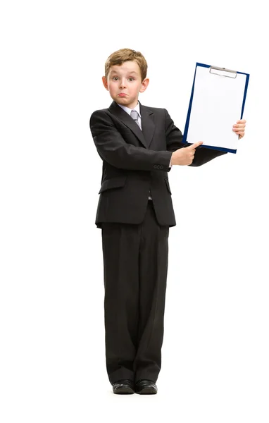 Full-length of little businessman with folder — Stock Photo, Image