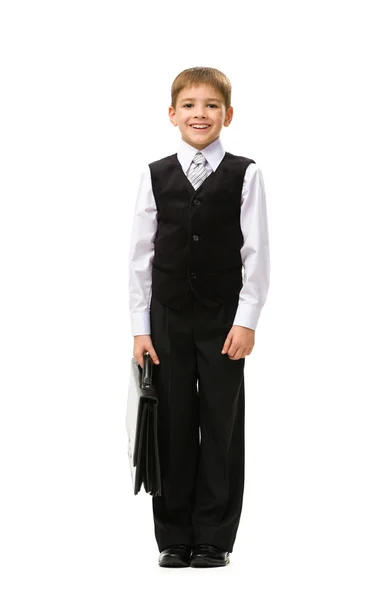 Маленький бизнесмен с чемоданом — стоковое фото