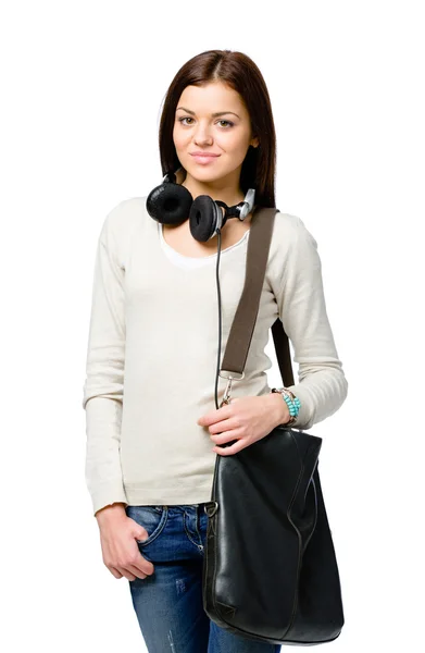 Teenager with earphones and handbag — Stock Photo, Image