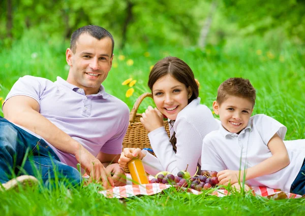 Familia feliz de tres tiene picnic en el parque — Foto de Stock