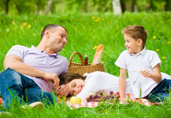 Family of three has picnic in green park — Stock Photo, Image