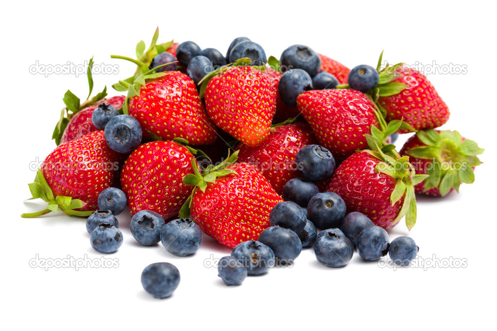 Close-up of heap of strawberry and bilberry