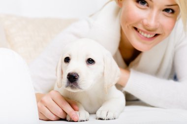 Labrador yavru köpek ile kadın