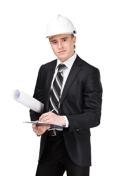Making notes man in white headpiece — Stock Photo, Image