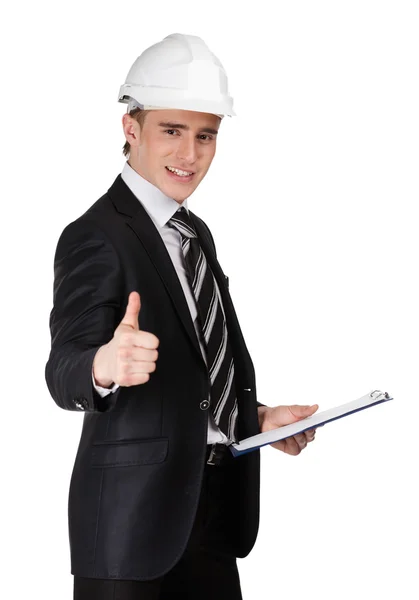 Männlicher Bauunternehmer mit hartem Hut und Papieren — Stockfoto
