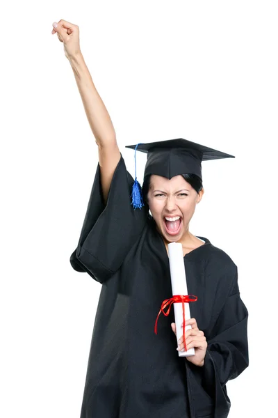 Graduación estudiante gesto puño con el diploma — Foto de Stock