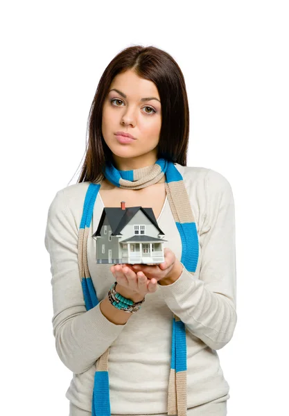 Girl hands small model house — Stock Photo, Image