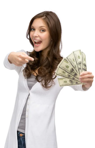 Happy woman handing cash — Stock Photo, Image