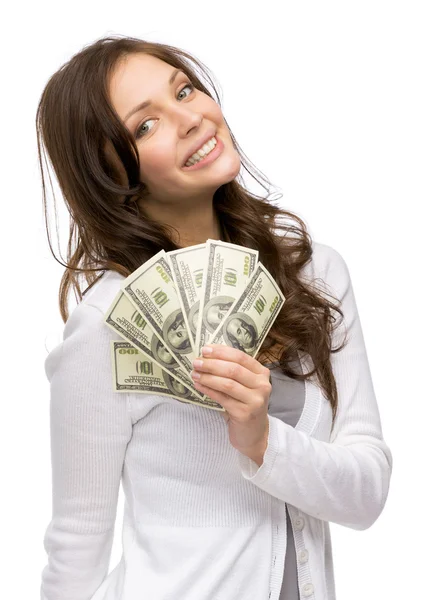 Happy woman holding cash — Stock Photo, Image