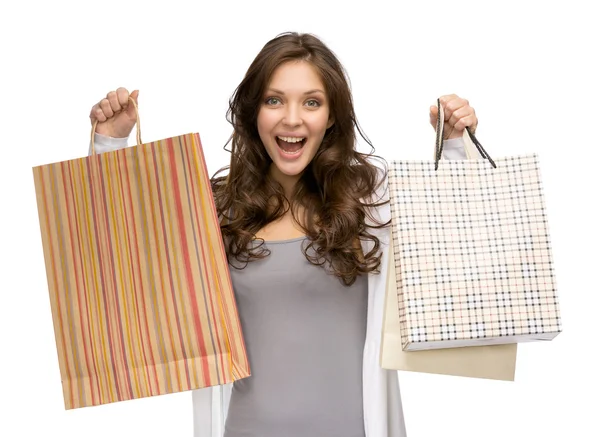 Femme heureuse avec des sacs à provisions — Photo