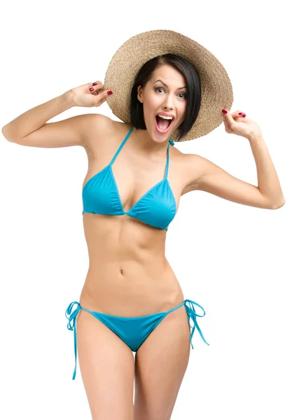 Femme portant un bikini et un chapeau de paille — Photo