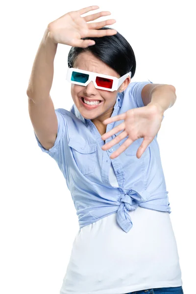 Covering herself with hands girl watching film — Stock Photo, Image