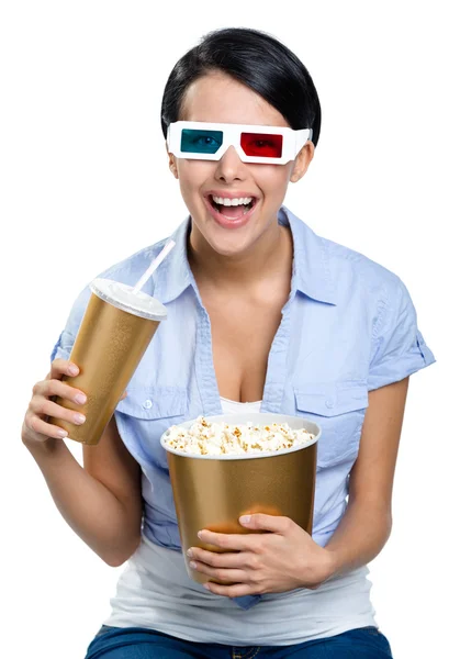 Menina em óculos 3D com bebida e tigela de pipoca — Fotografia de Stock