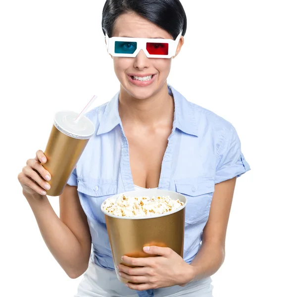 Meisje in 3d bril met drank en popcorn — Stockfoto