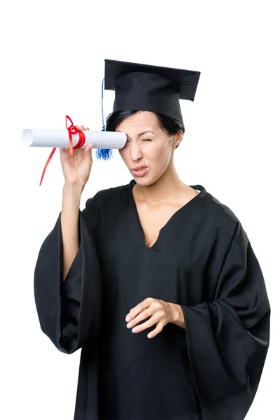 Graduating student keeps diploma like the telescope — Stock Photo, Image