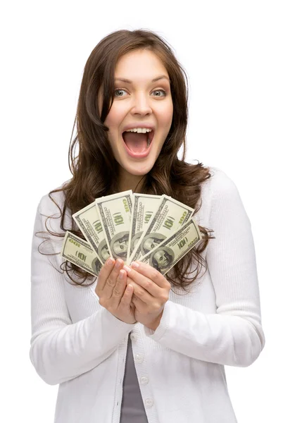 Mujer feliz sosteniendo dinero — Foto de Stock