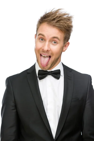 Portrait of showing tongue businessman — Stock Photo, Image