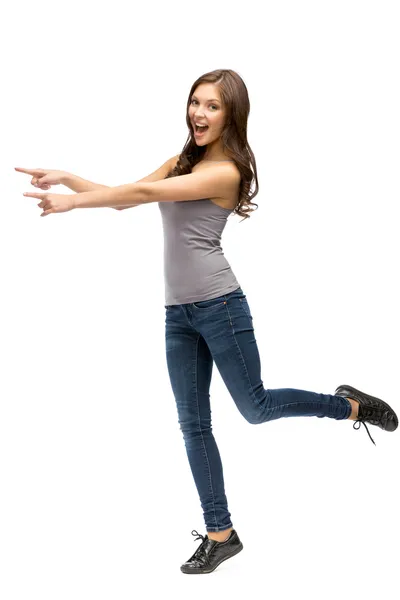 Full-length portrait of woman pointing hand gesturing — Stock Photo, Image