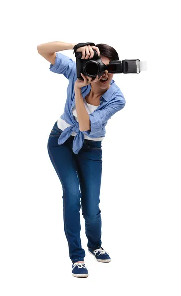 Lady-photographer takes snapshots — Stock Photo, Image