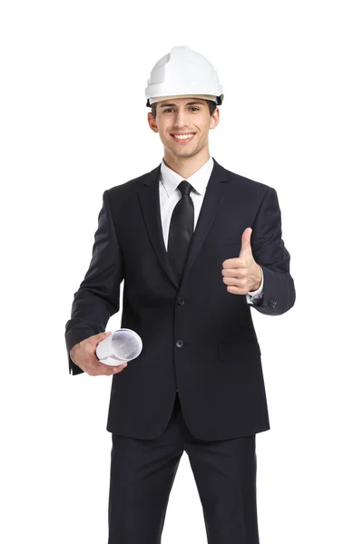 Engineer in helmet hands layout and thumbs up — Stock Photo, Image