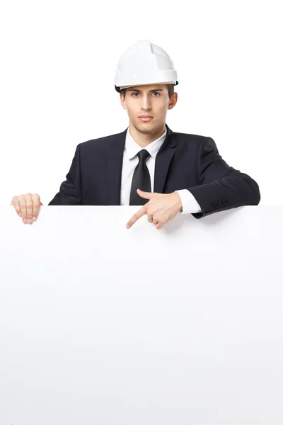 Businessman pointing hand gestures at copyspace — Stock Photo, Image