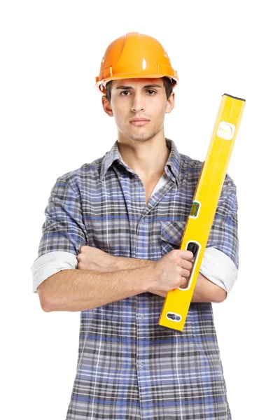 Foreman in range hard hat handing leveling instrument — Stock Photo, Image