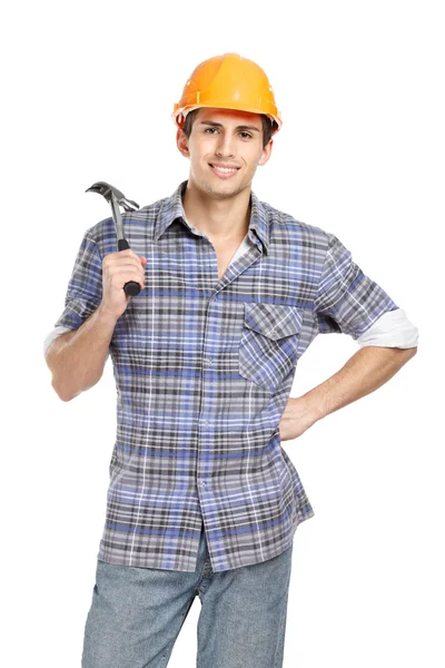 Foreman in range hard hat handing hammer — Stock Photo, Image