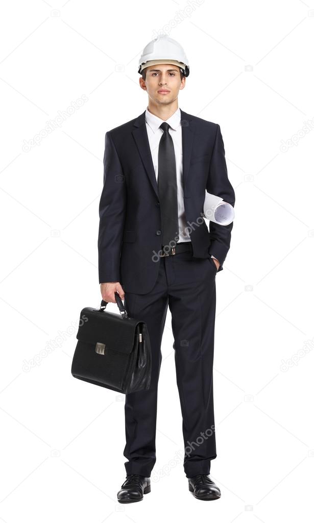 Engineer in helmet handing layout and briefcase