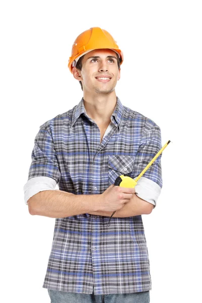 Foreman no capacete alcance mão fita métrica — Fotografia de Stock
