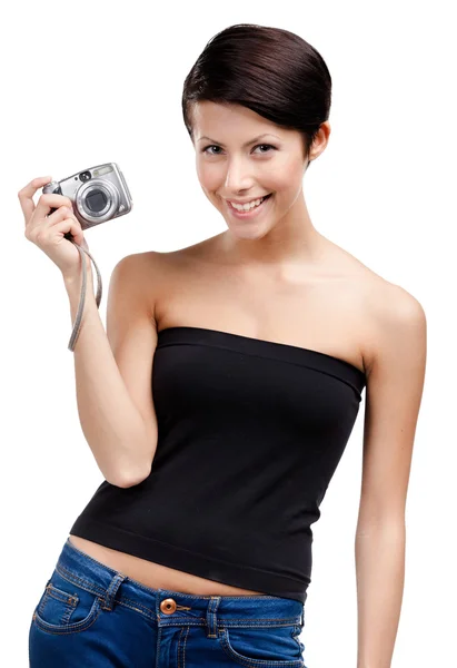 Ragazza creativa tiene amatoriale fotocamera portatile — Foto Stock